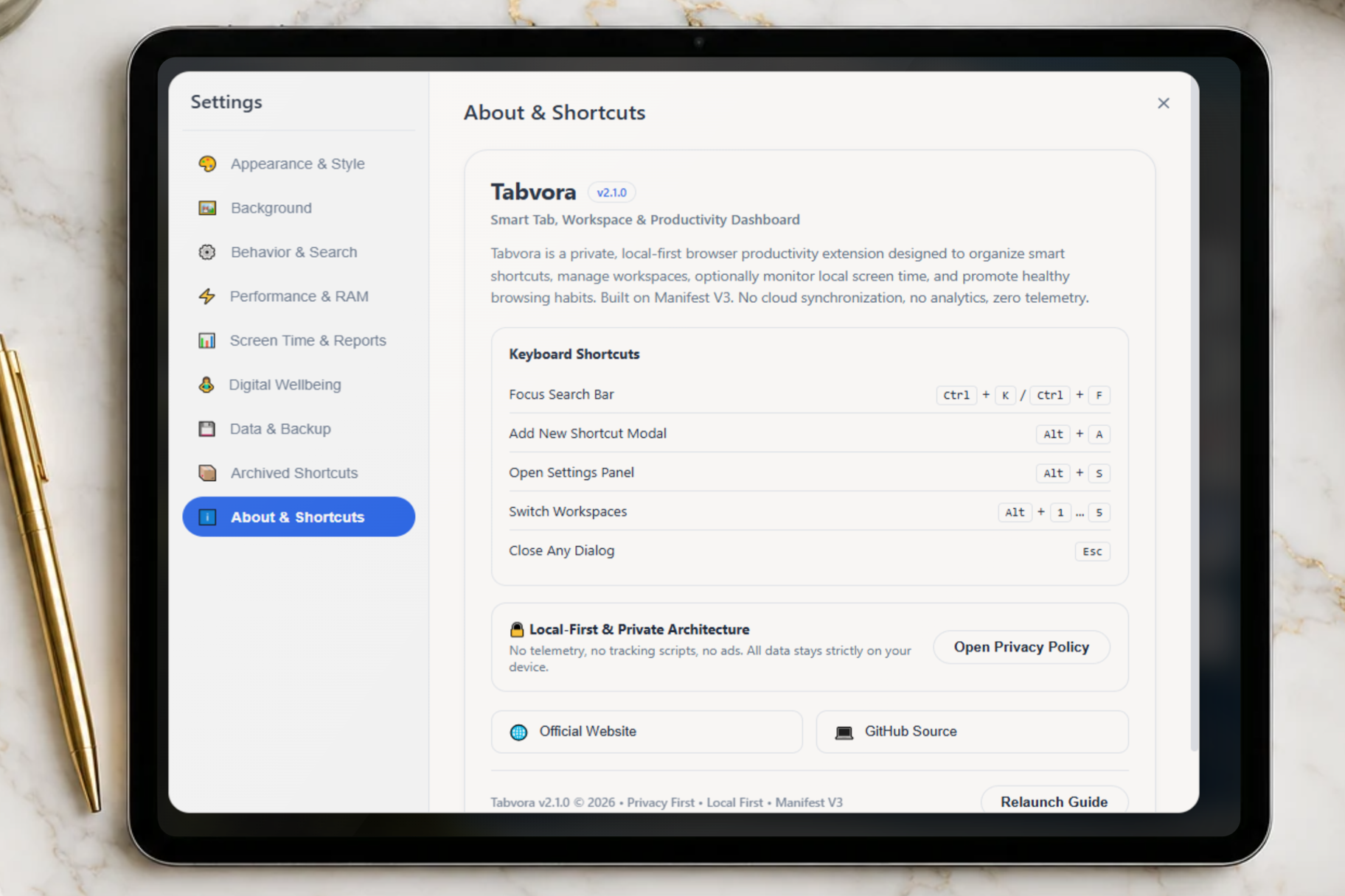 About & Keyboard Shortcuts